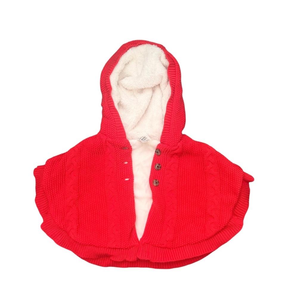 Carter's Vibrant Red Hooded Knit Cape with Faux Fur Lining - 9M